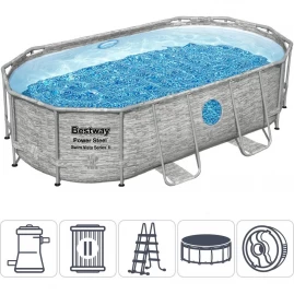 Каркасный бассейн BESTWAY POWER STEEL 427х250х100см Ротанг 7250л + фильтр-насос 2006 л/ч, лестница, тент
